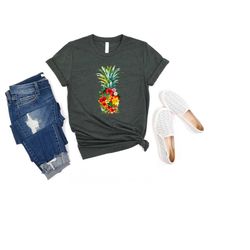 floral pineapple t-shirt, summer pineapple t-shirt, women's pineapple shirt, cute fruit floral t-shirt, tropical fruit l