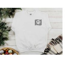 teacher 100 days of school pocket happy face sweatshirt, funny minimalist  gift for elementary teacher, teacher 100 days