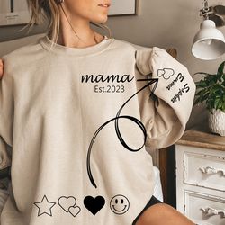 mama sweatshirt with kid name on sleeve, personalized mom sweatshirt, gift momma sweatshirt, christmas gift for m