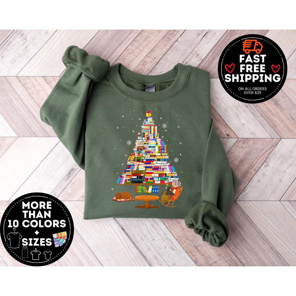 Christmas Book Tree sweatshirt, Book Lovers Christmas Gift, Bookworm Christmas Shirt, Gift For Teachers, School Christmas Sweaters, Xmas tee.jpg
