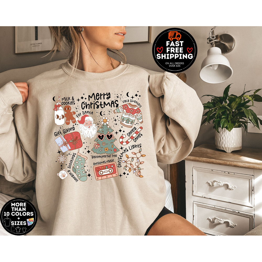 Christmas Doodle Sweatshirt, Merry Christmas Sweater, Santa Shirt, Candy Canes Christmas Lights, Women Christmas Crewneck, Holiday Sweater.jpg