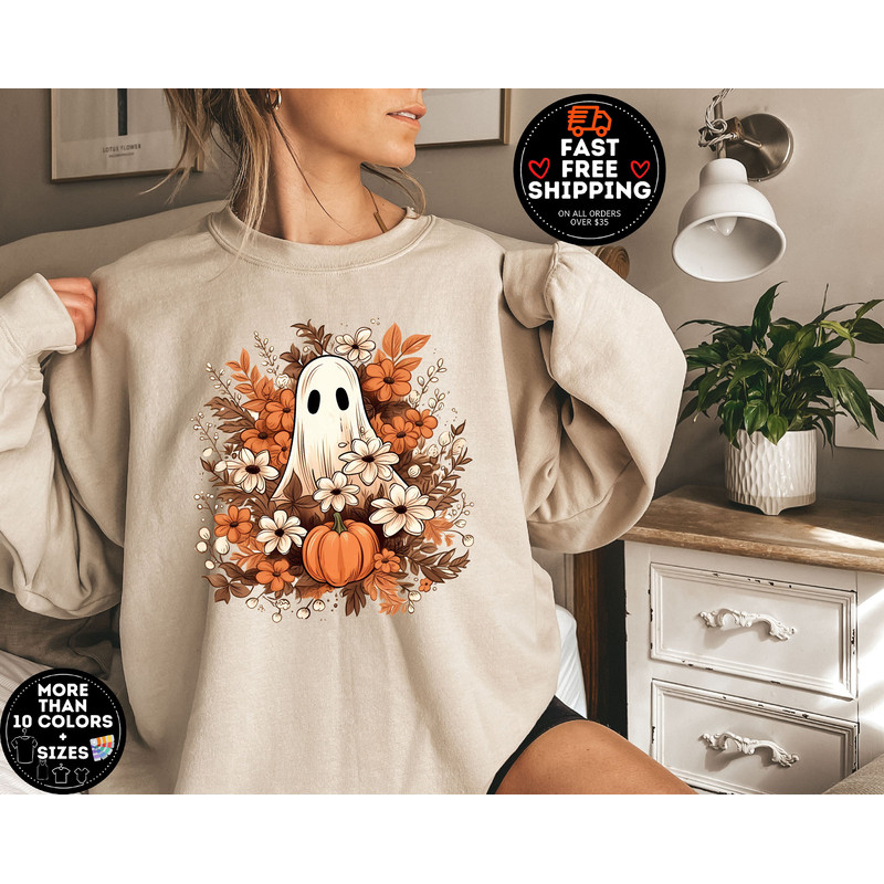 Floral Ghost Sweatshirt, Halloween Ghost Sweatshirt, Flower Halloween Shirt, Vintage Pumpkin Season Shirt, Retro Sweatshirt, Fall Sweater.jpg