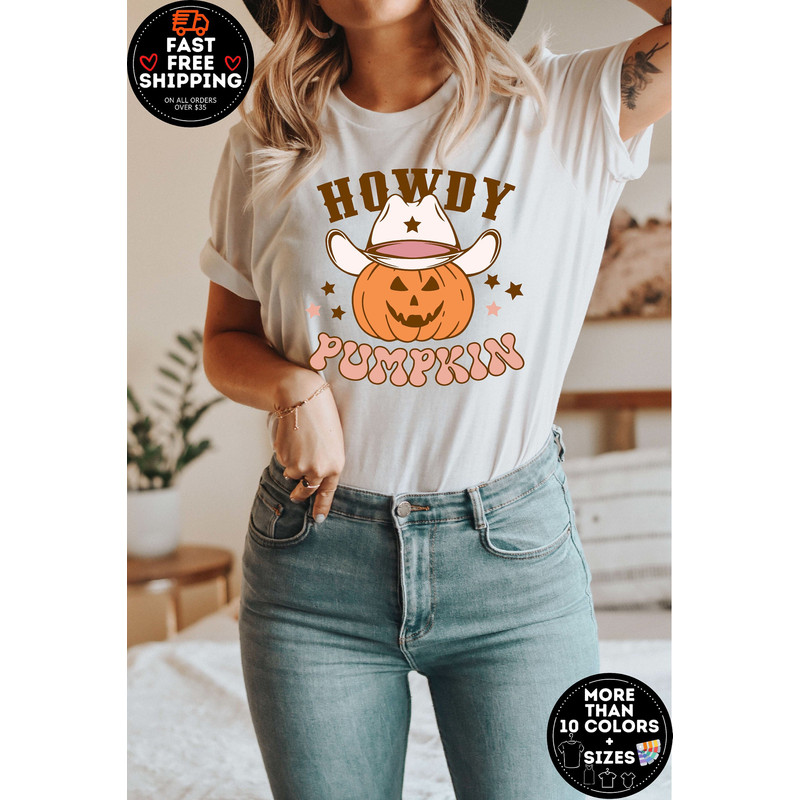 Howdy Pumpkin Halloween Shirt, Western Halloween Tshirt, Retro halloween Tees, Country Cowgirl Halloween Shirt, Cute Woman Halloween Outfit.jpg