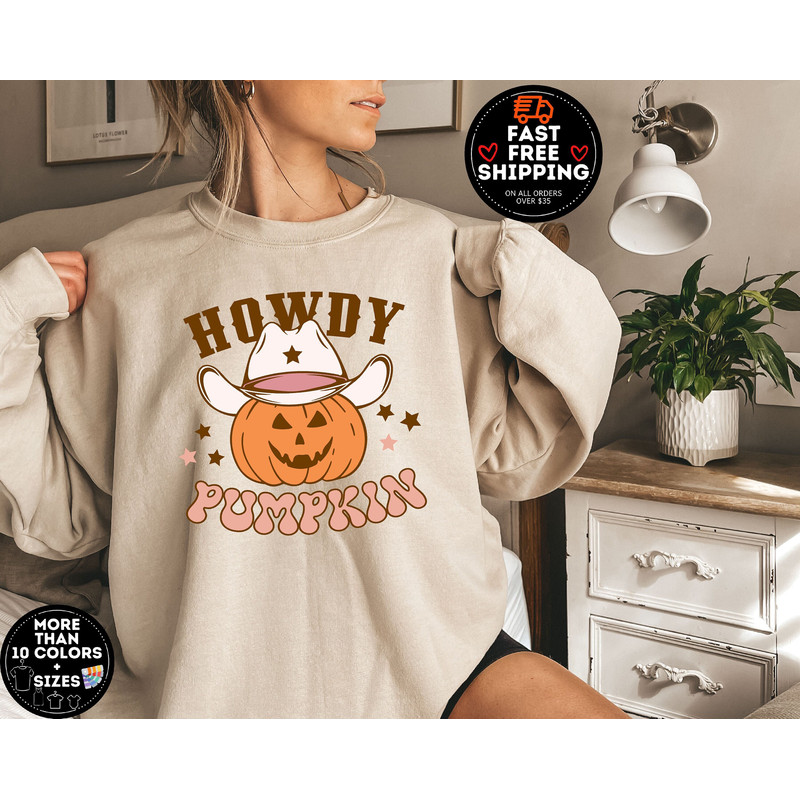 Howdy Pumpkin Western Halloween Sweatshirt, Retro halloween sweater, Western Halloween Tee Woman, Country Cowgirl Halloween Shirt.jpg