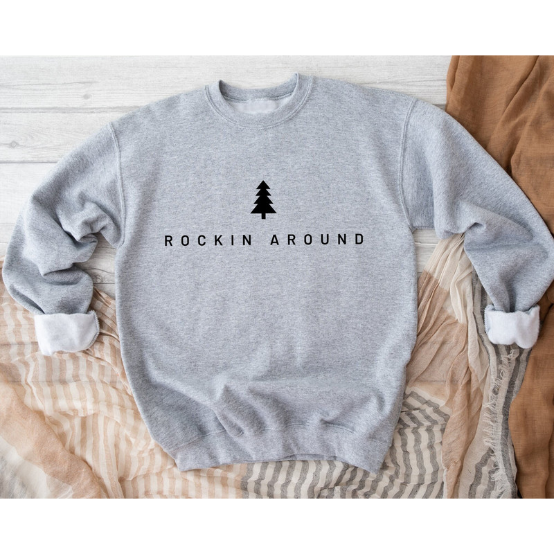 Christmas Tree Sweatshirt, Rockin Around the Christmas Tree Sweatshirt, Minimal Merry Xmas Crew Hoodies, Christmas Gift For Mom, Xmas Gift.jpg