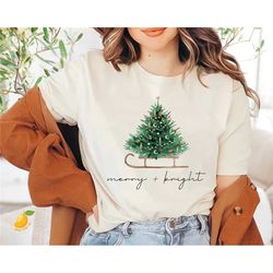 merry and bright trees shirt, women's christmas shirt, christmas gift, cute holiday woman tee, christmas tree shirt, gif
