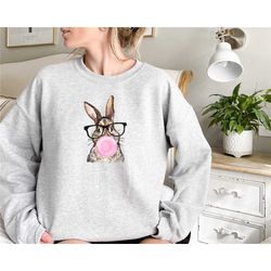 bubble gum rabbit shirt,easter bunny with glasses sweatshirt,cute easter rabbit tee,gift for easter,easter crewneck,funn