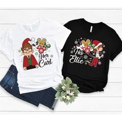 carl and ellie couple christmas, her carl his ellie christmas balloon shirt, disney pixar up xmas tee, pixar couples shi