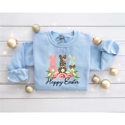 cute happy easter floral bunny sweatshirt,  easter rabbits shirt, womens easter sweater, teacher easter shirt, funny eas