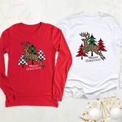 merry christmas reindeer long sleeve, matching christmas couple sweatshirt, family christmas plaid tree hoodie, deer leo