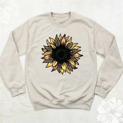 leopard print sunflower sweatshirt, wildflower graphic hoodie, botanical long sleeve, garden sweatshirt, floral sweater,