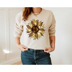 leopard sunflower sweatshirt, womens flowers gift, womens fall sweatshirt, leopard print sweatshirt, botanical sweatshir