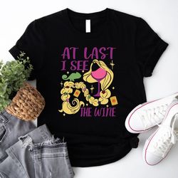 at last i see the wine shirt, rapunzel wine glitter shirt, epcot festival, drinking vacation shirt