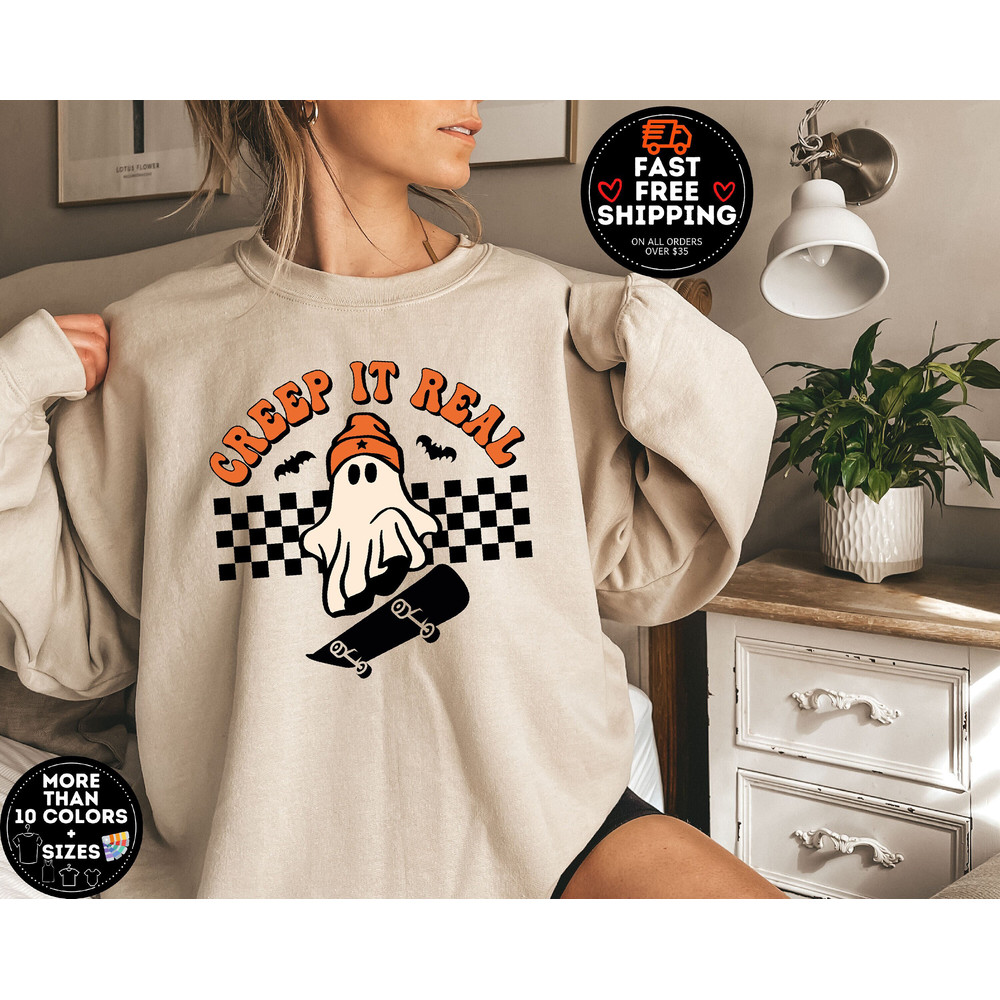 Creep It Real Halloween Sweatshirt, Retro Halloween shirt, Cute Ghost Halloween Sweater, Spooky Season, Fall Shirt,  Vintage Ghost Crewneck.jpg