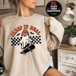 creep it real halloween sweatshirt, retro halloween shirt, cute ghost halloween sweater, spooky season, fall shirt,  vin