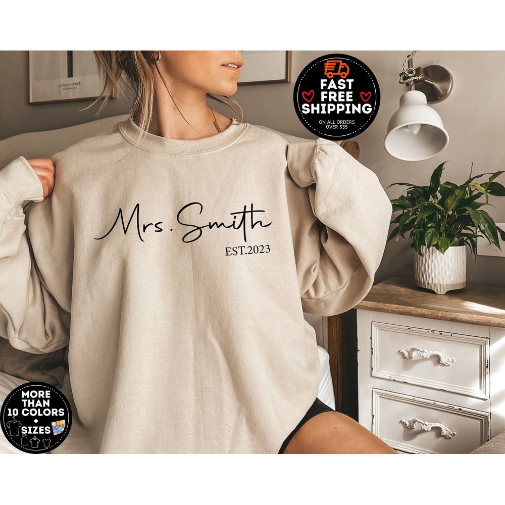 Custom Mrs Sweatshirt, Customized Last Name Shirt, Personalized Gift for Bride, Bridal Shower Gift, Bachelorette Shirt, Custom Bridal Party.jpg