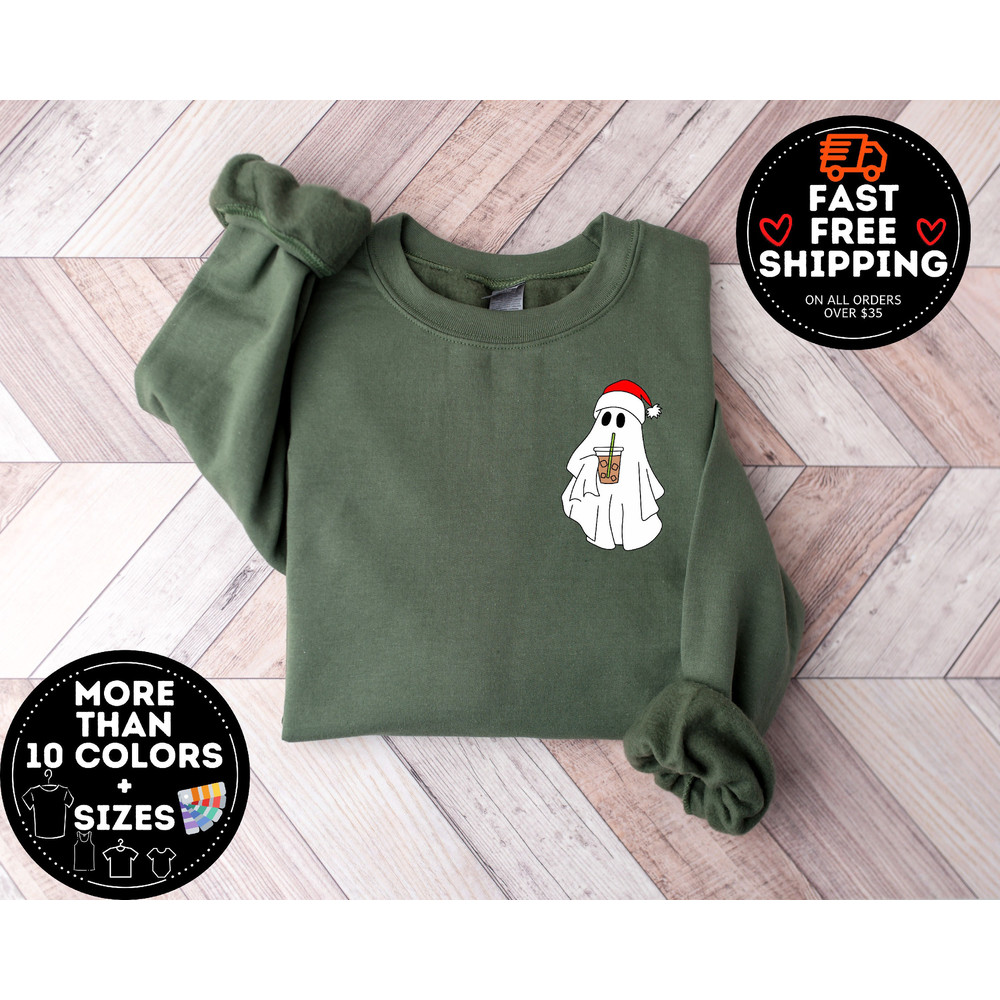 Cute Christmas Sweatshirt, Ghost Santa Sweater, Merry Christmas Coffee Shirt, Merry and Bright Crewneck, Christmas Gift For teacher.jpg