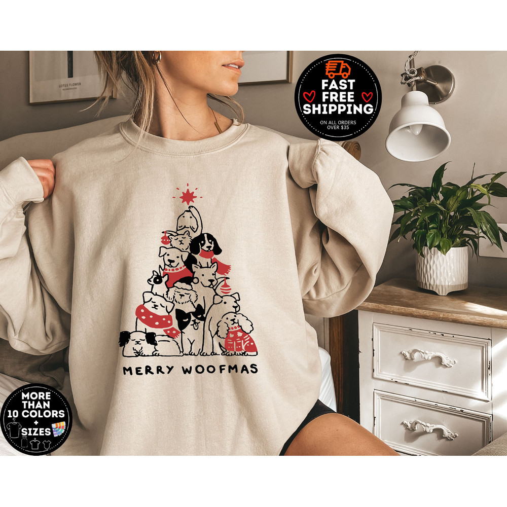Merry Woofmas Sweatshirt, Christmas Dog Tree , Christmas Dog Sweatshirt, Retro Christmas Shirt, Dog Mom Shirt, Funny Christmas Crewneck.jpg