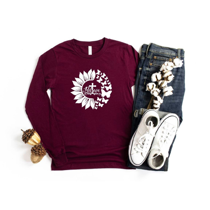 Believe Long Sleeve, Believe With Cross Shirt, Sunflower Believe Long Sleeve, Christian Cross, Faith Long Sleeve, Religious Shirt, Faith.jpg