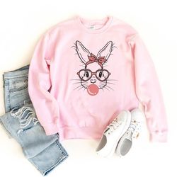 bunny with leopard glasses sweatshirt, easter swatshirt, easter bunny,bubble gum bunny swatshirt, easter hoodie, ladies