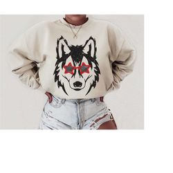 retro wolf sweatshirt, wolf sweatshirt, wolf mascot shirt, red and black wolf shirt, game day apparel