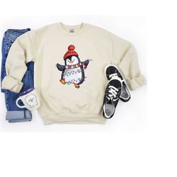 christmas penguin sweatshirt, penguin holiday sweater, penguin sweatshirt, penguin christmas long sleeve, christmas gift