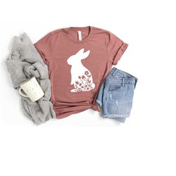 floral rabbit shirt, bunny floral shirt, cute easter shirt, nature lover, rabbit silhouette t-shirt, easter bunny shirt,