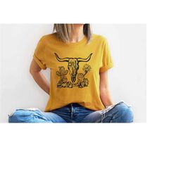 western shirt, vintage cowboy t-shirt, yeehaw shirt, bull skull graphic tees, retro rodeo outfit, womens vneck tshirts,