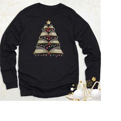 christmas book tree sweatshirt, bookworm christmas hoodie, long sleeve teacher book lover christmas shirt, bookish chris