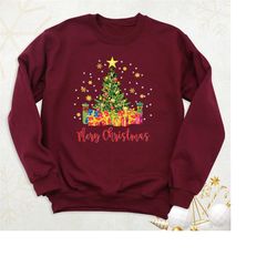 christmas tree sweatshirt, merry hoodie, fun christmas crewneck sweater for women, xmas winter sweatshirt, christmas hol