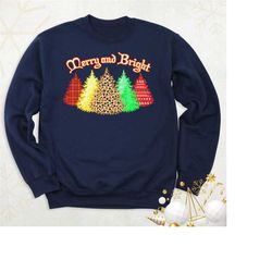merry and bright trees sweatshirt, leopard christmas long sleeve tee, christmas sweatshirt for women, buffalo plaid chri