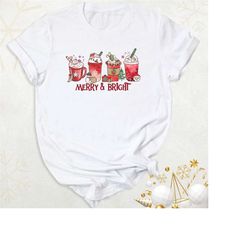 merry and bright christmas shirt, christmas coffee t-shirt, snowman coffee latte shirt, cute winter holiday outfit, chri