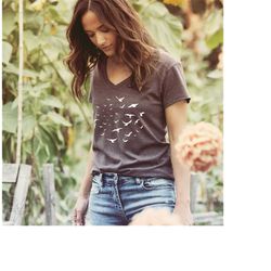 flock of birds re-tee t-shirt v neck womens ladies tshirt boho gift for her, hippie, birds, bird flock, nature inspired