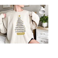 christmas tree sweatshirt, sweatshirt names of jesus, tree shirt in the name of jesus, gift ideas for christmas, holiday