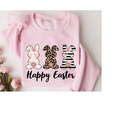 happy easter rabbit sweatshirt, rabbits sweatshirts, flower printed rabbits, leopard rabbit sweatshirt, joyful easter, e