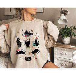 christmas black cat sweatshirt, kitten christmas shirt, cat lover gift shirt, cat mom sweater, holiday sweatshirt, black