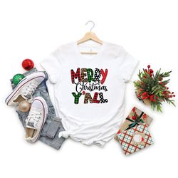 merry christmas shirt, christmas y'all leopard buffalo plaid shirt, family matching christmas shirt, christmas party tee