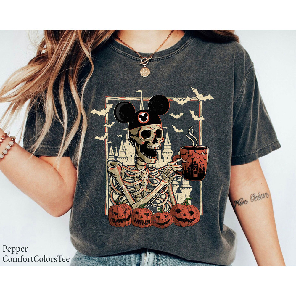 Skeleton Wear Mickey Hat Drinking Coffee Latte Disney Castel Disney Trip Halloween Shirt Walt Disney World Shirt Gift Ideas Men Women.jpg