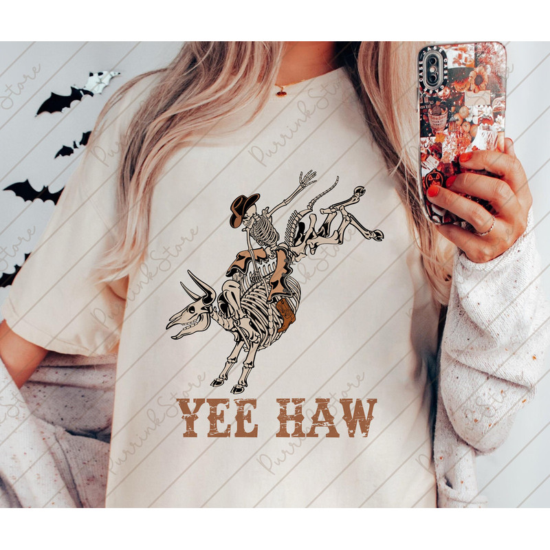 Yee Haw Cowboy Skeleton Bull Riding On A Skeleton Bull Shirt Halloween Matching Family Shirt Great Gift Ideas Men Women.jpg