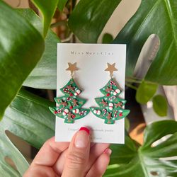 christmas tree polymer clay earrings