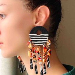 big colorful boho style statement clay earrings, gift for her.