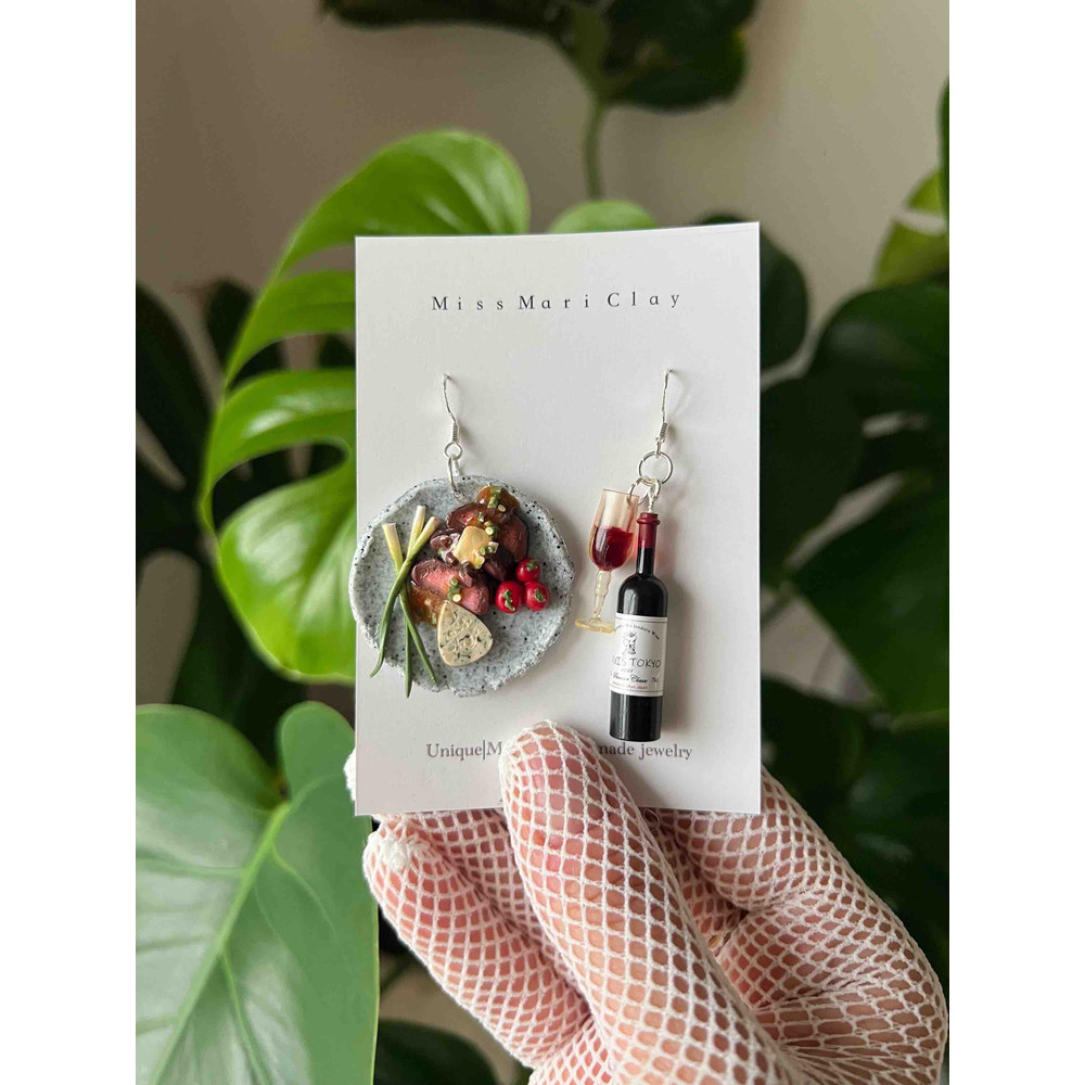 Steak And Wine Clay Earrings Miniature For Ears Gift For Chefs 1