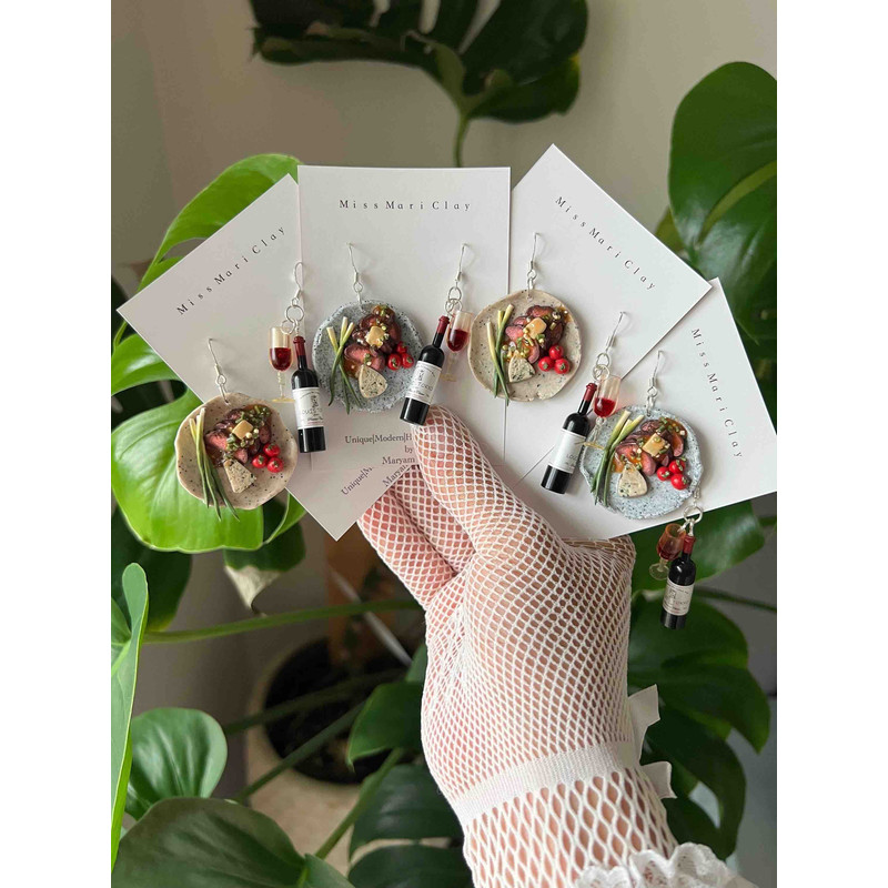 Steak And Wine Clay Earrings Miniature For Ears Gift For Chefs 2
