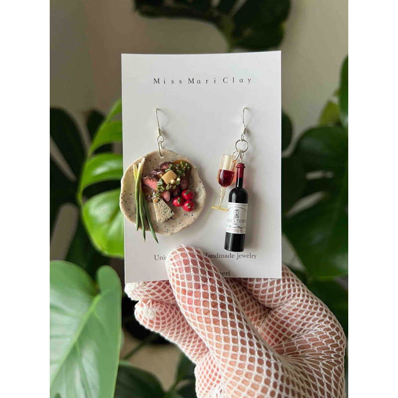 Steak And Wine Clay Earrings Miniature For Ears Gift For Chefs 3