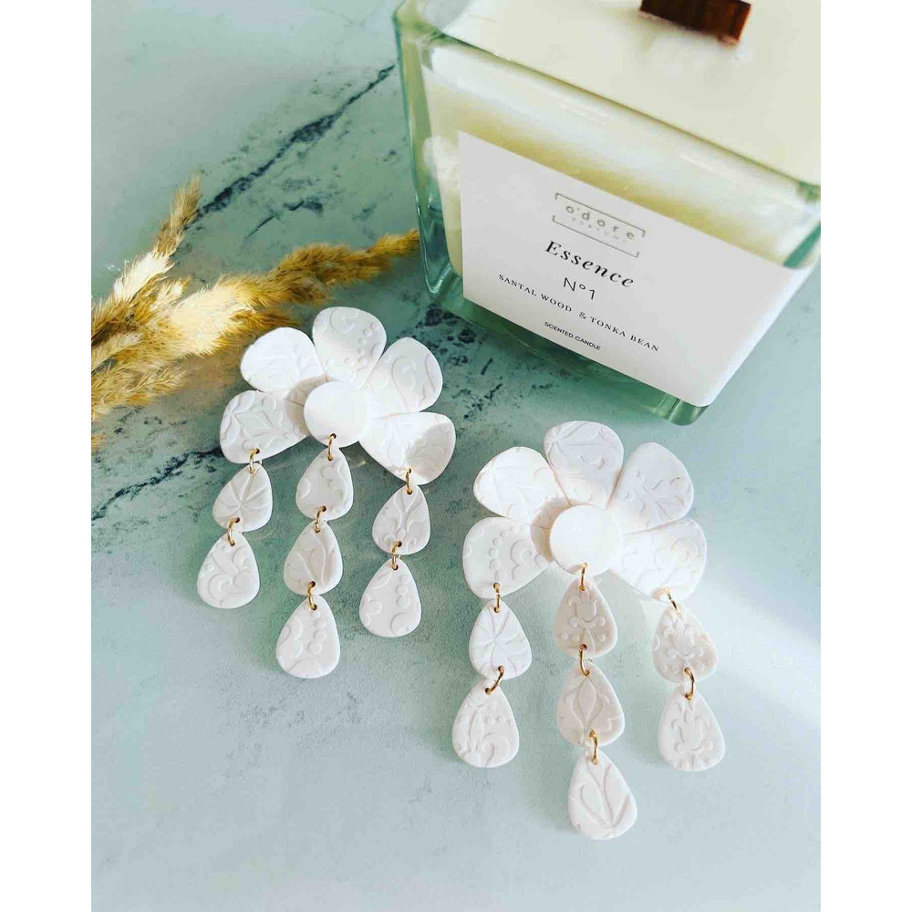 Big Statement Flower Clay Earrings White Flower Spring Summer Earrings Gift For Her Chandelier Earrings 1