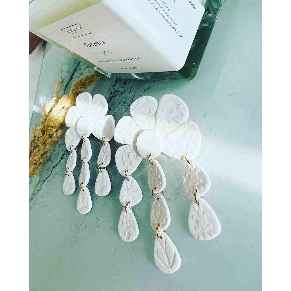 Big Statement Flower Clay Earrings White Flower Spring Summer Earrings Gift For Her Chandelier Earrings 2