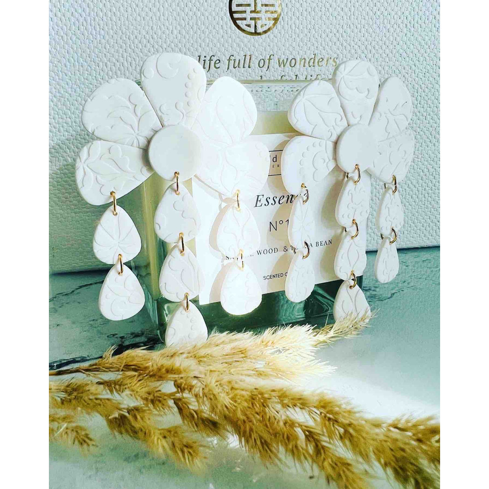 Big Statement Flower Clay Earrings White Flower Spring Summer Earrings Gift For Her Chandelier Earrings 3