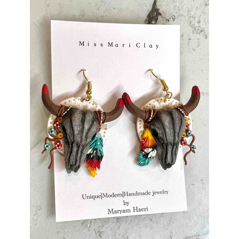 Bohemian Bull Skull Clay Earrings Longhorn Western Earrings Cow Clay Earrings 0