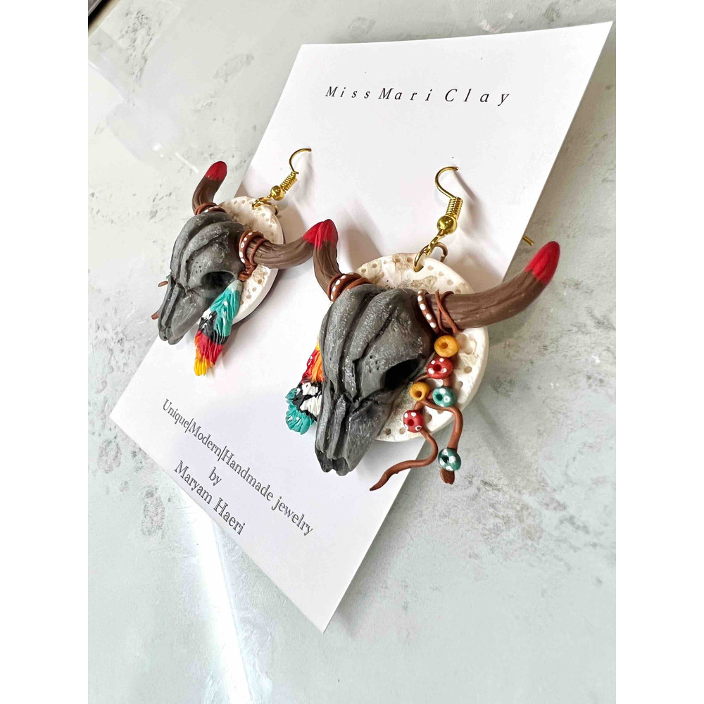 Bohemian Bull Skull Clay Earrings Longhorn Western Earrings Cow Clay Earrings 1
