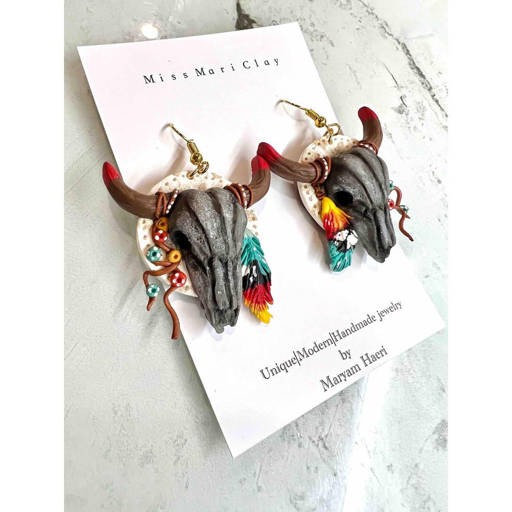 Bohemian Bull Skull Clay Earrings Longhorn Western Earrings Cow Clay Earrings 2